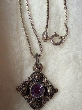 Sterling Silver Necklace with Purple Amethyst Jerusalem Cross Pendant.